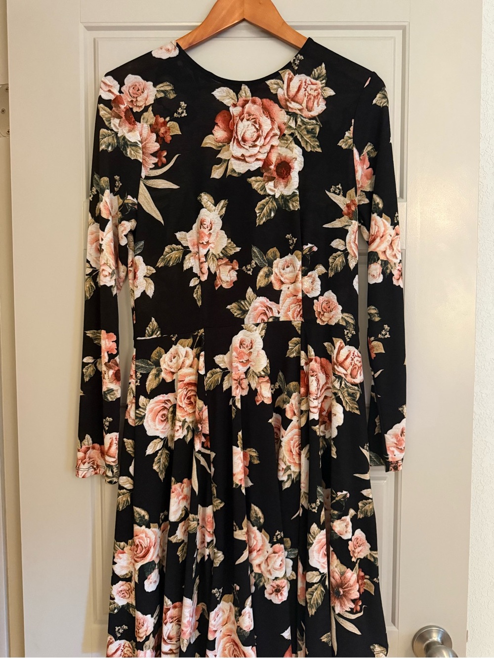 Altar'd State Black Floral Long Sleeve Fit & Flare Dress - Pink Rose Print